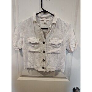 Women's Monteau Los Angeles Linen Button Front Crop Top Small Oatmeal